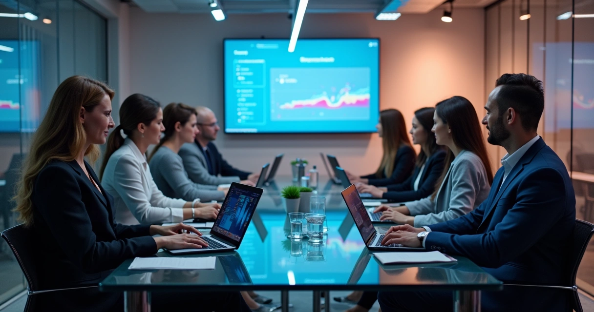 Empresários pesquisando em laptops em uma mesa de coworking 