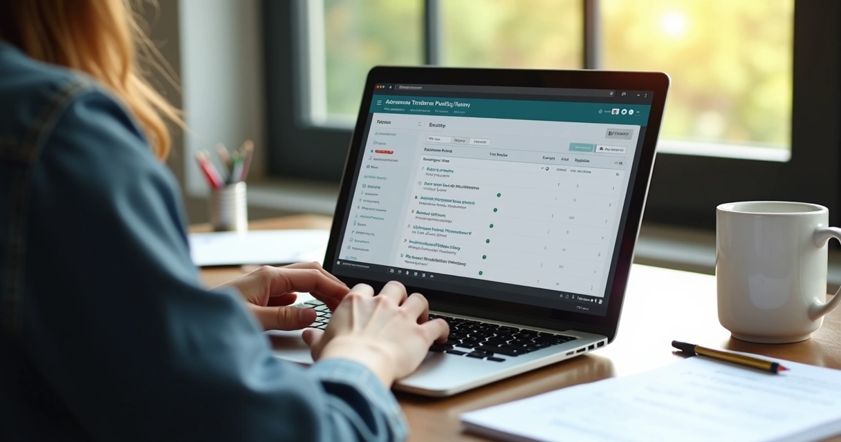 Mulher empresária usando notebook, tela exibindo filtros e resultados em portal de licitações, ambiente moderno de trabalho
