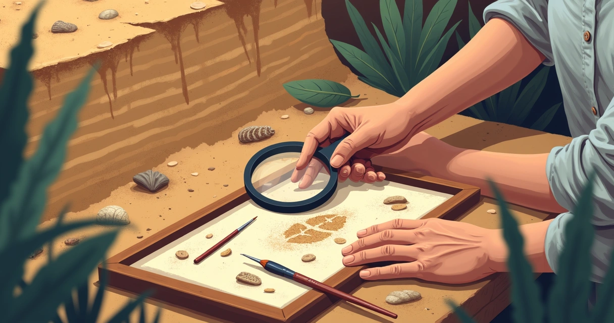 Pessoa com lupa analisando pequenos fósseis em camada de solo 