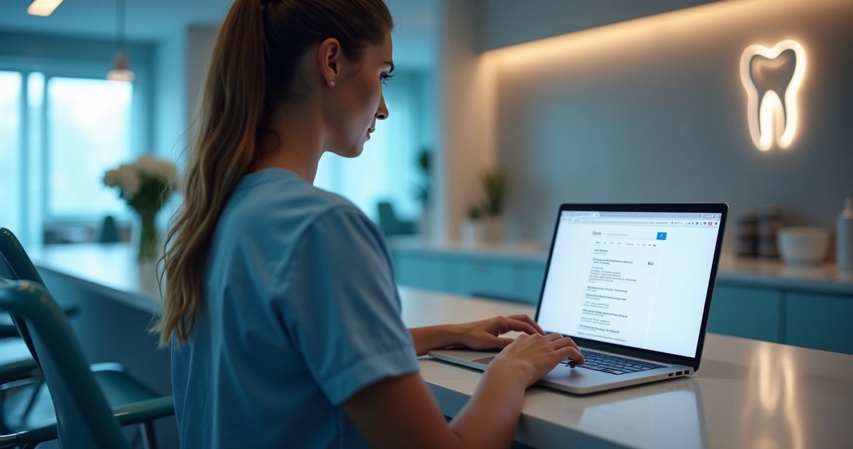 Paciente pesquisando clínica odontológica no notebook 