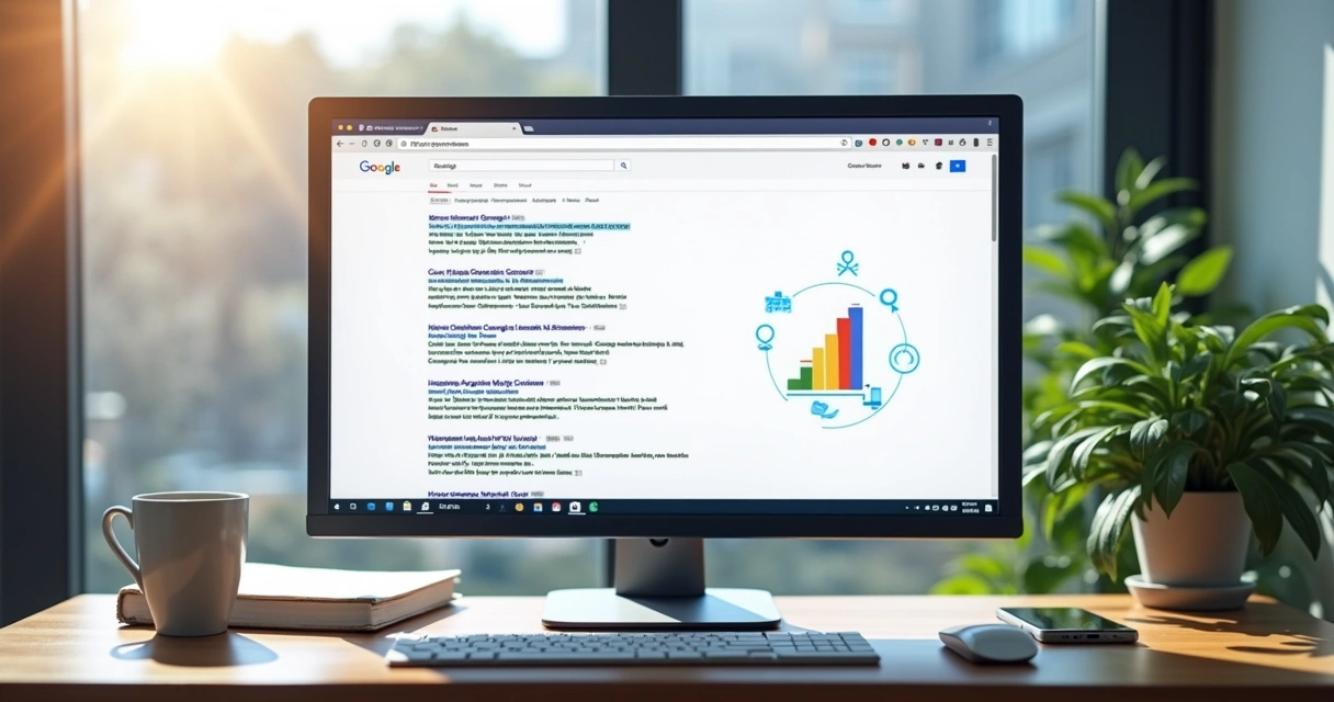 Página de pesquisa na tela de um computador moderno, com destaque para resultados principais 