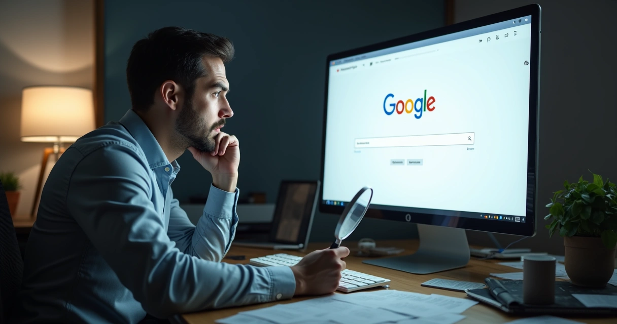 Homem olhando para tela de computador vazia com lupa diante do Google 