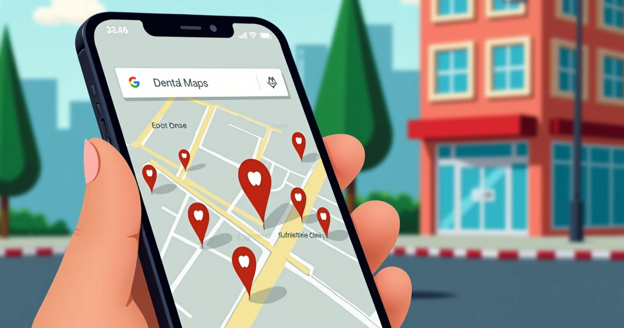 Busca por clínica odontológica no Google Maps mostrando bairros 