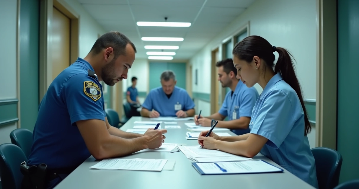 Mandado cumprido por policiais civis em hospital, com documentos sendo analisados 