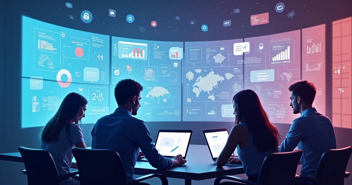 Ilustração de pessoas usando diferentes dispositivos para pesquisas em IA generativa 