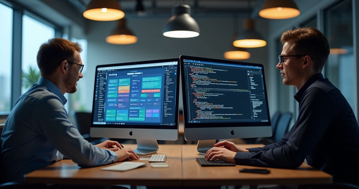 Pessoas usando computadores lado a lado, uma acessando interface web e outra trabalhando em uma tela de código 