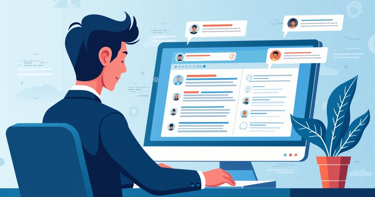 Executivo usando busca por linguagem natural no LinkedIn, com algoritmos destacando perfis ideais 