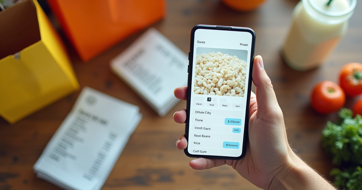 Tela de celular com lista comparando preços de arroz, feijão e leite em diferentes mercados 