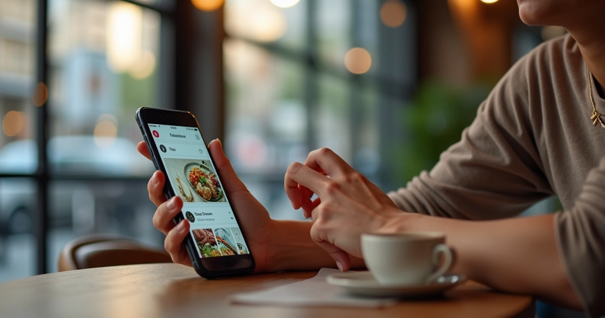 Pessoa usando assistente de voz para buscar restaurante no celular 
