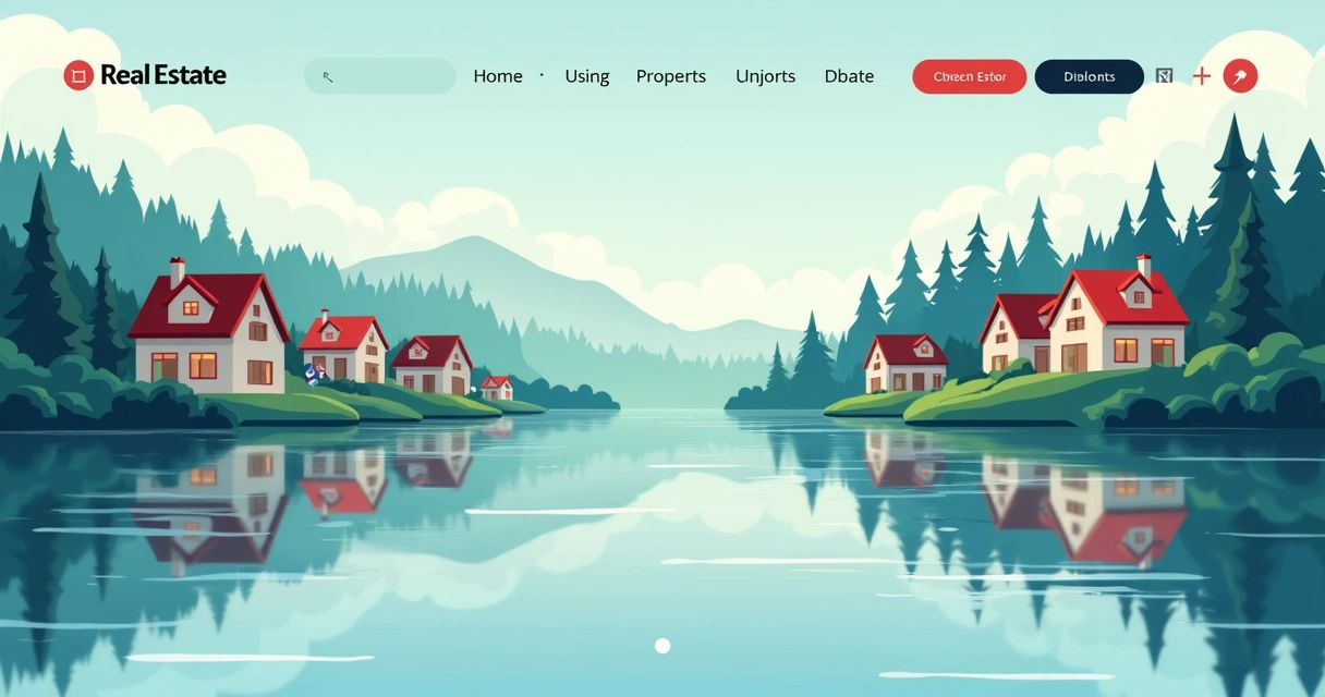 Casas à margem de um lago refletidas na água com barra de busca imobiliária 