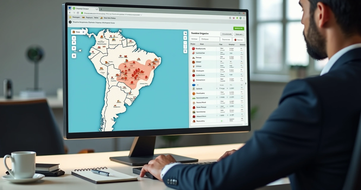 Pessoa usando computador com tela mostrando busca de imóveis em leilão 
