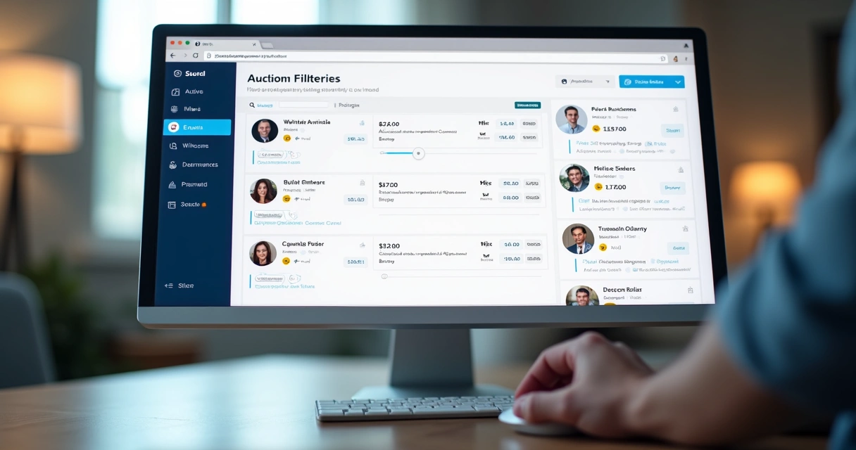 Tela de plataforma de busca de imóveis em leilão com filtros por tipo, valor e localização 