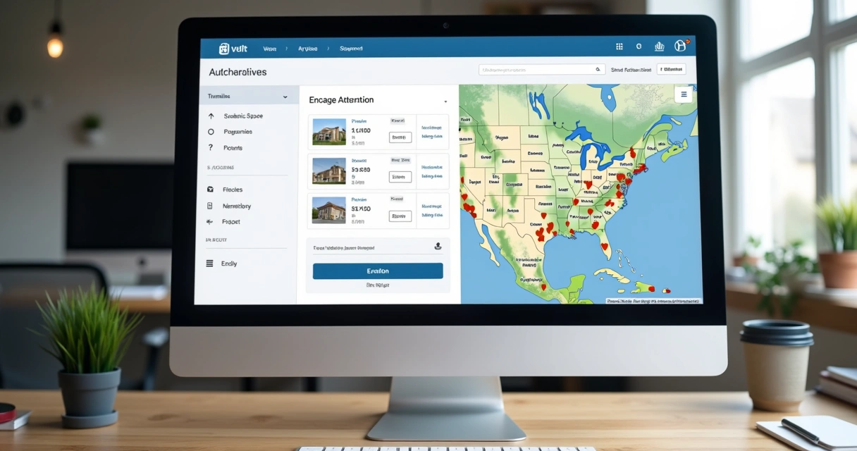 Tela de computador com plataforma online moderna exibindo busca de imóveis de leilão 