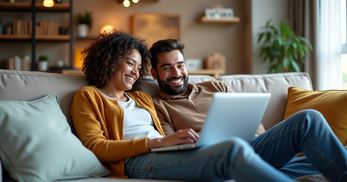 Homem e mulher buscando imóveis em plataforma digital pelo notebook 