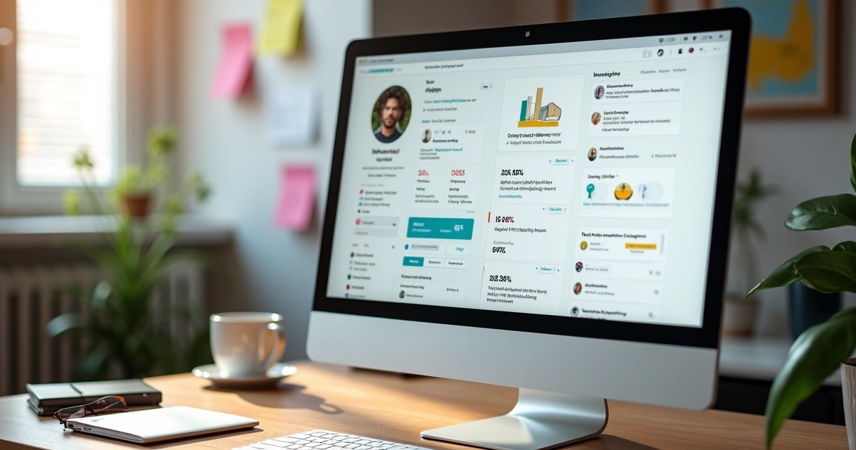 Pesquisa de influenciadores nas redes sociais, tela de computador com perfis e métricas 
