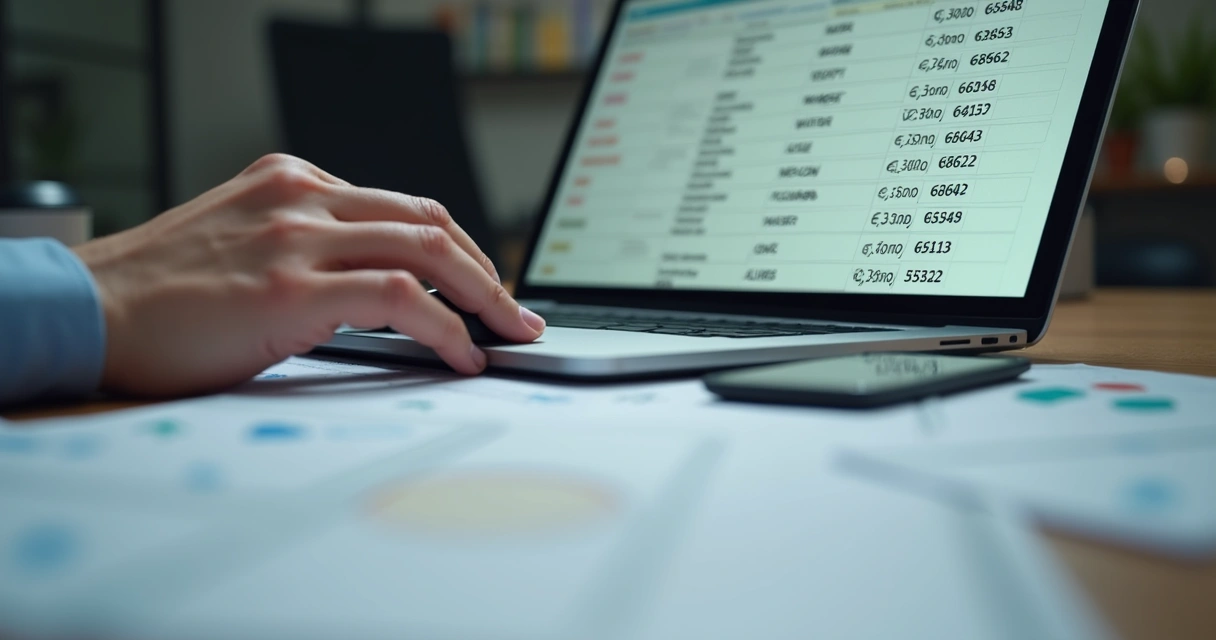 Pessoa verificando planilha com dados de contatos empresariais em notebook 