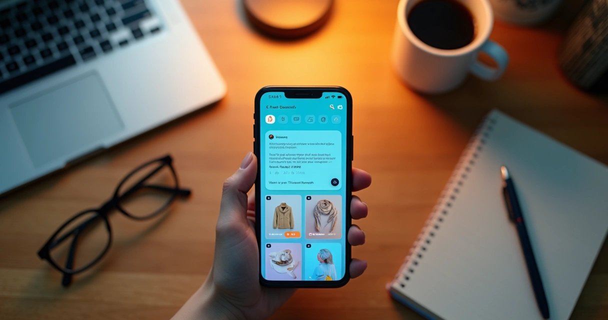 Pessoa usando busca inteligente em app de ecommerce no smartphone 