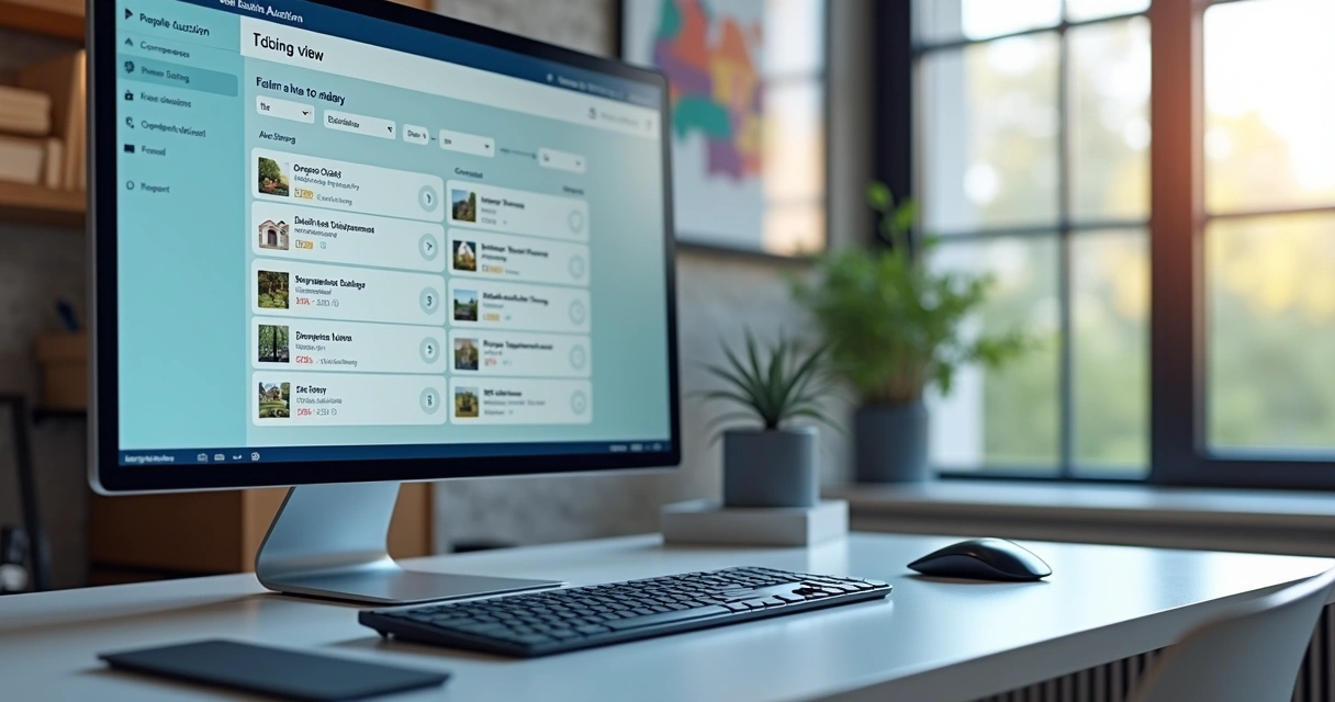 Tela moderna mostrando plataforma online com filtros avançados para busca de imóveis de leilão 