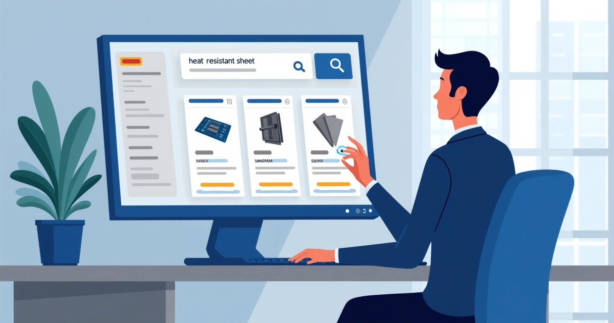 Ilustração de comprador industrial usando busca inteligente em um portal B2B, com resultados técnicos detalhados 