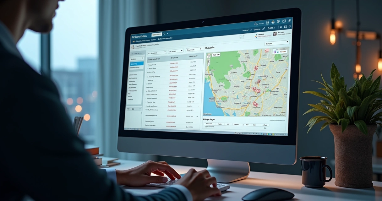 Tela de computador com lista de imóveis de leilão filtrados em destaque 