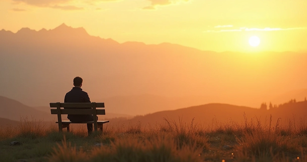 Pessoa sentada sozinha olhando para uma paisagem de campo amplo 