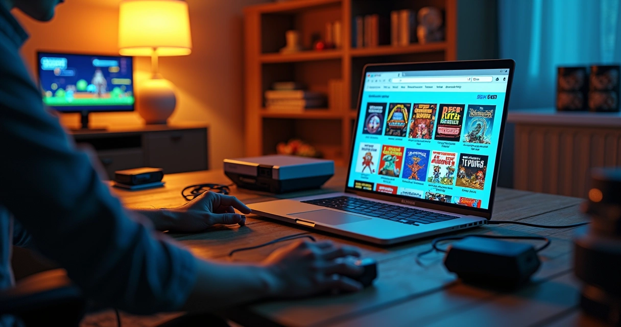 Pessoa navegando em site de vendas com jogos clássicos em tela e coleção de consoles antigos na mesa 