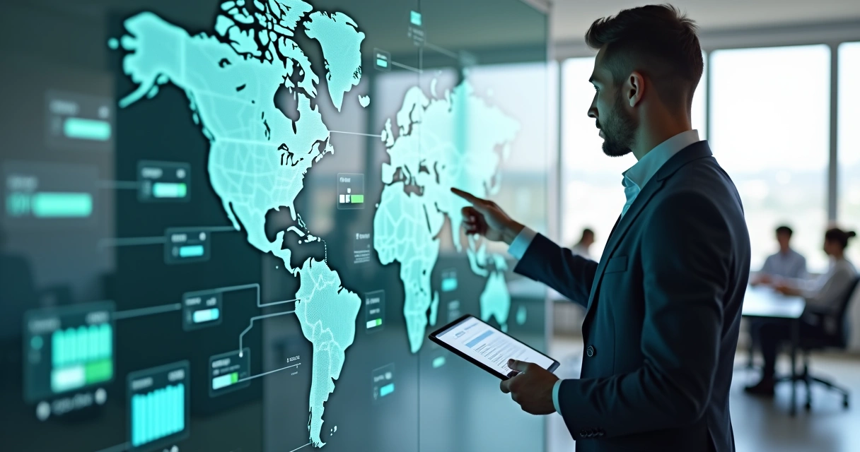 Profissional de vendas selecionando lead ideal em um mapa de empresas conectado por dados 