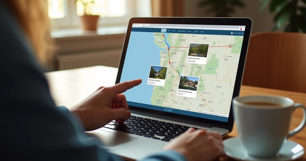 Pessoa mexendo em notebook com mapa de leilão aberto, ambiente iluminado, café ao lado 