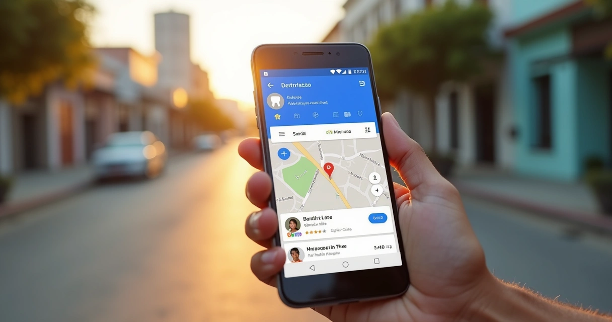 Paciente pesquisando clínica odontológica no celular