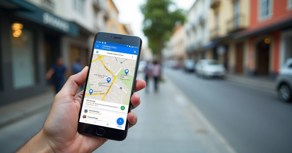 Pessoa pesquisando clínica odontológica no celular com mapa local aberto 