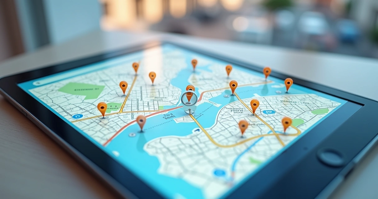 Mapa de uma cidade com pins de empresas em destaque e roteiros traçados 