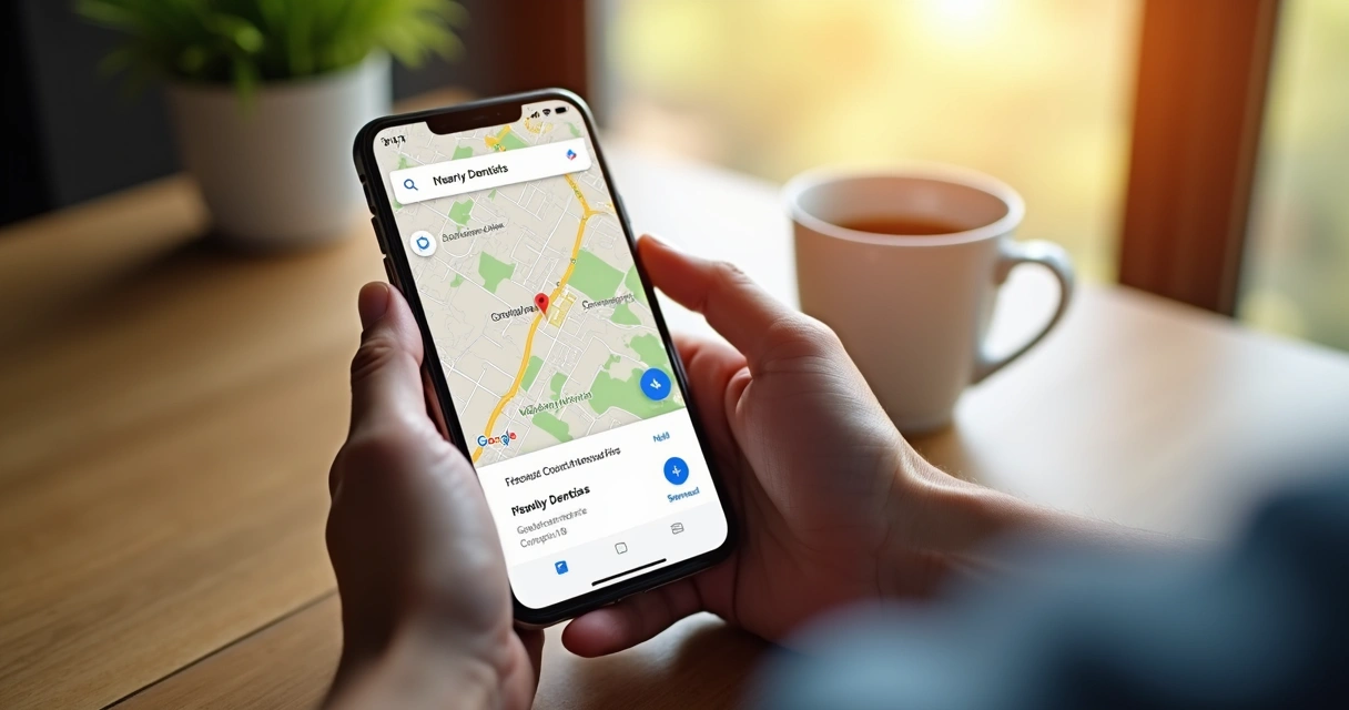 Pessoa segurando smartphone mostrando busca local no Google Maps