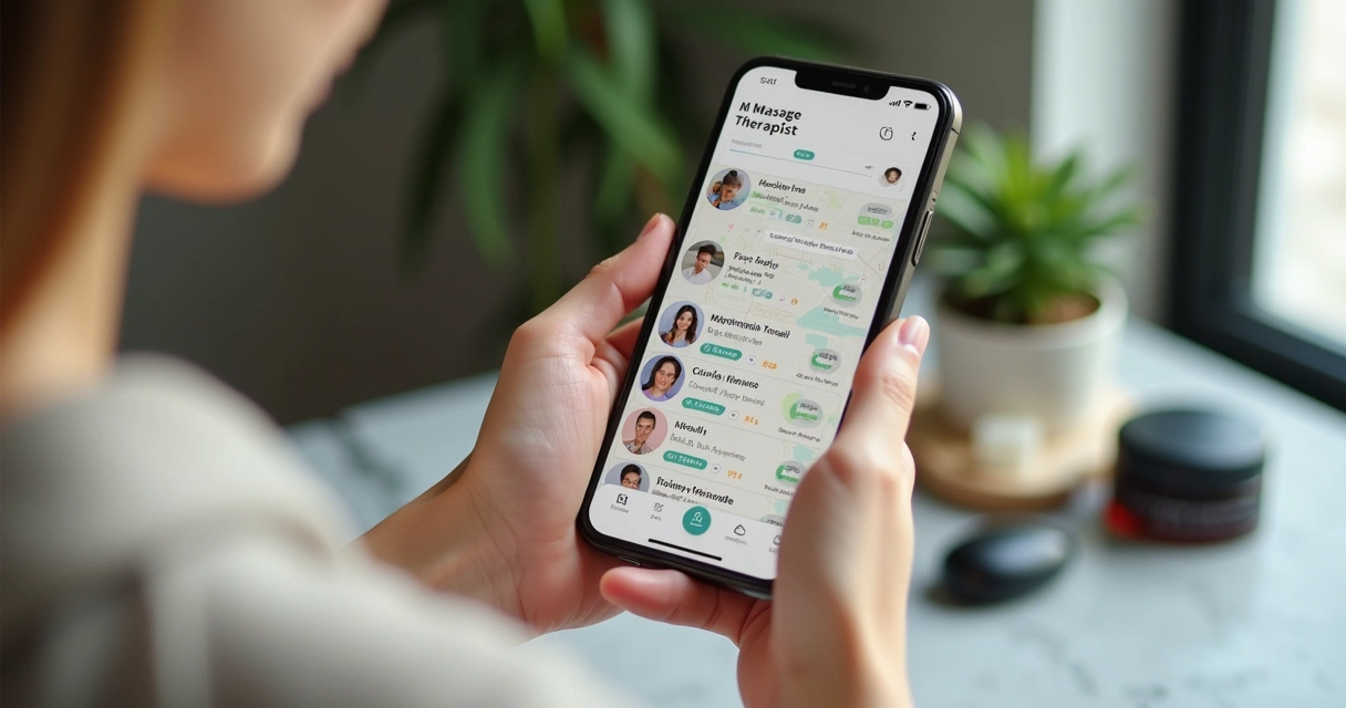 Pessoa buscando massagista em aplicativo de celular 