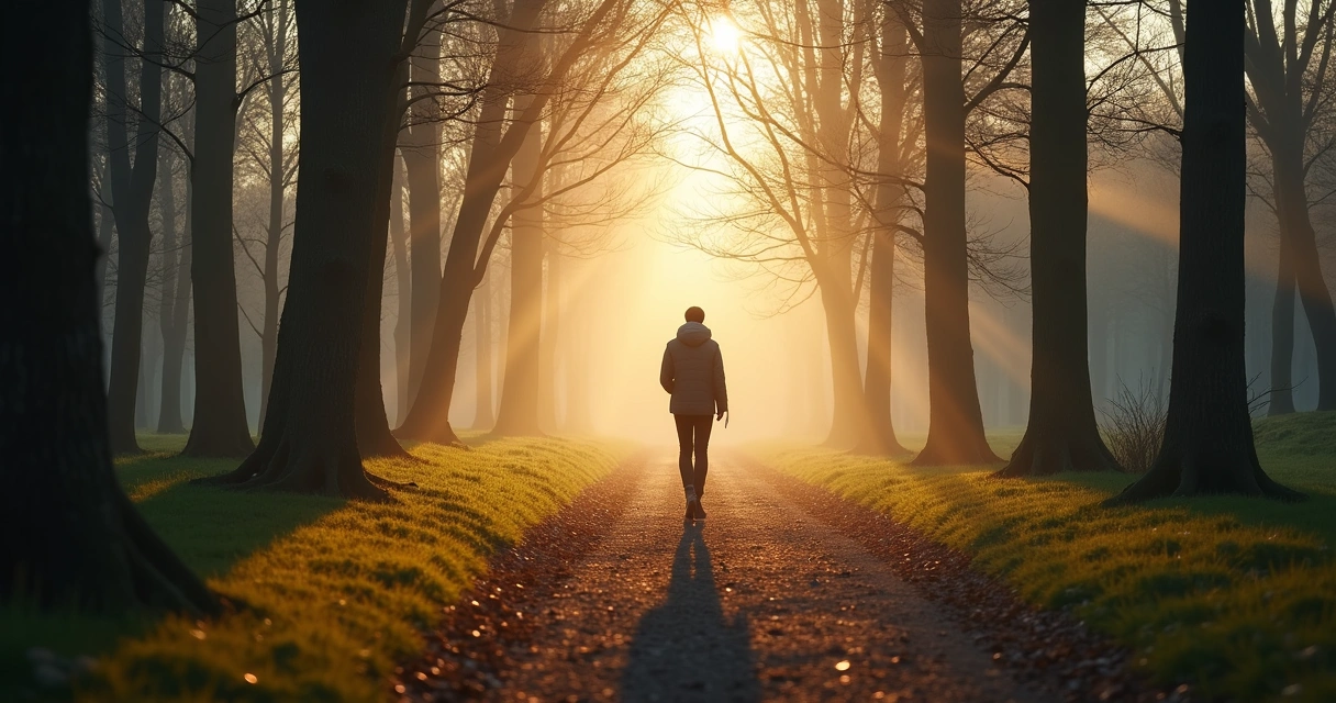 Pessoa caminhando sozinha em um bosque com luz suave ao fundo