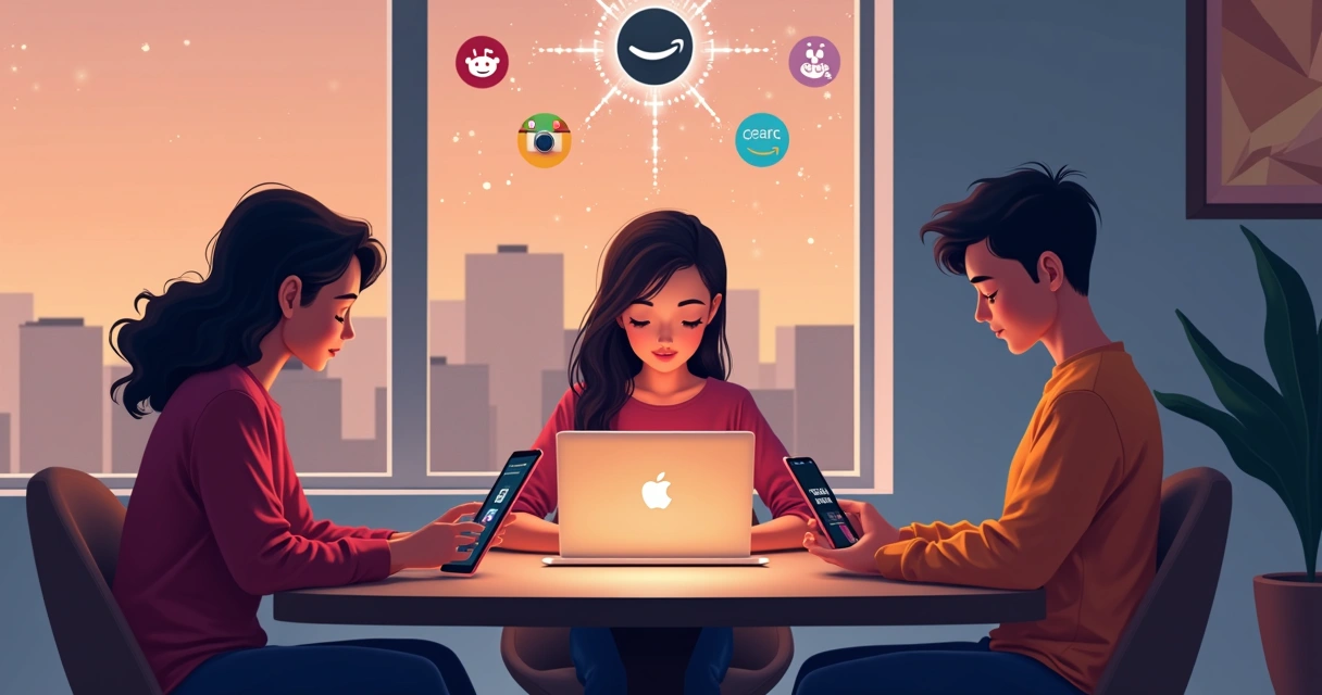 Ilustração mostrando pessoas pesquisando em múltiplas plataformas digitais 