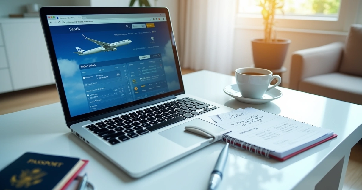 Tela de busca de passagens com pontos em notebook e caderno de planejamento ao lado 