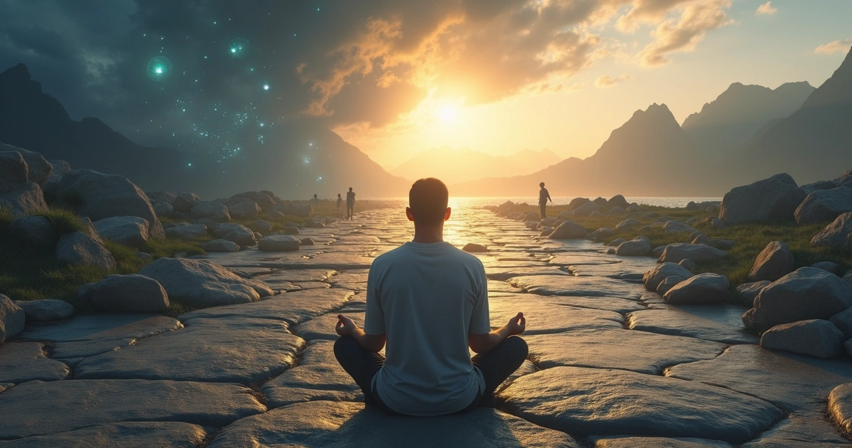 Pessoa sentada em silêncio diante de um caminho dividido entre caos e serenidade 