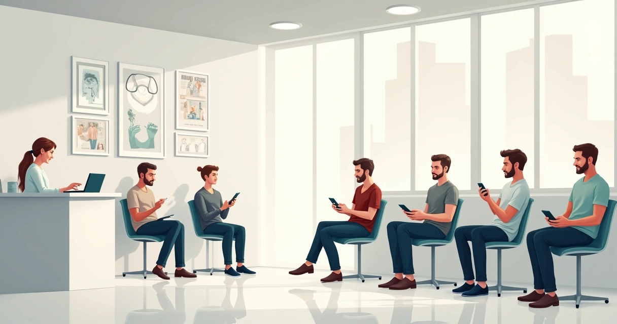 Sala de clínica moderna com homens de várias idades aguardando consulta 