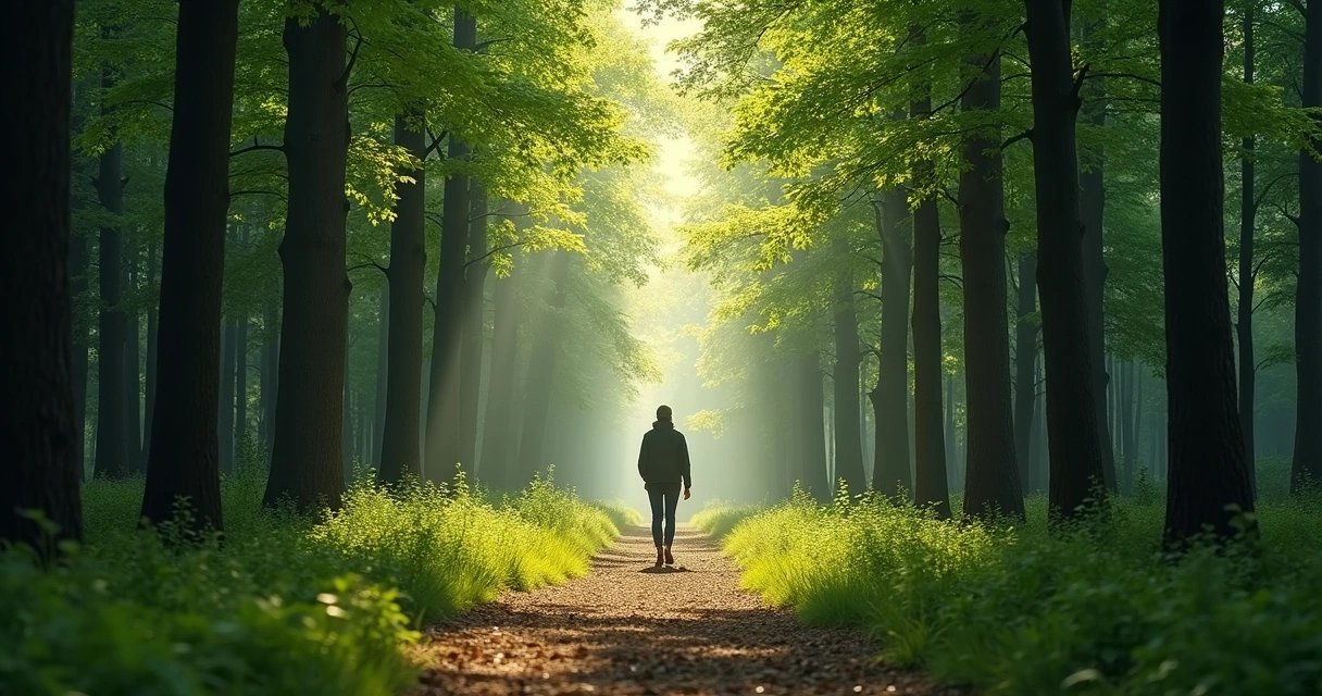 Pessoa caminhando em trilha de floresta com luz ao fundo