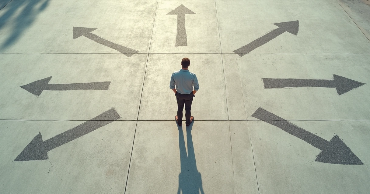 Pessoa olhando vários caminhos diferentes desenhados no chão 