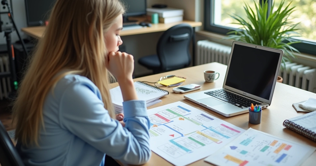 Pessoa sentada em uma mesa olhando para anotações, cercada por elementos que representam escolhas de carreira e realização pessoal. 