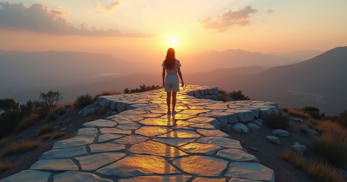 Pessoa em encruzilhada contemplando vários caminhos iluminados 