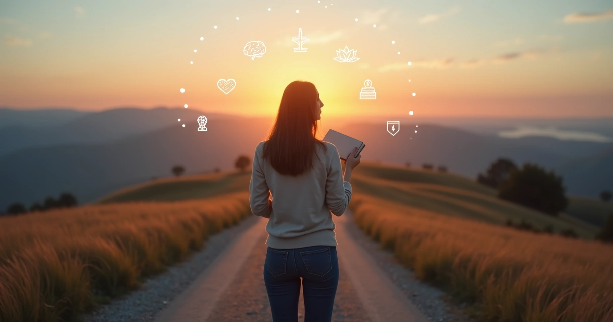 Pessoa em encruzilhada olhando vários caminhos iluminados ao amanhecer 