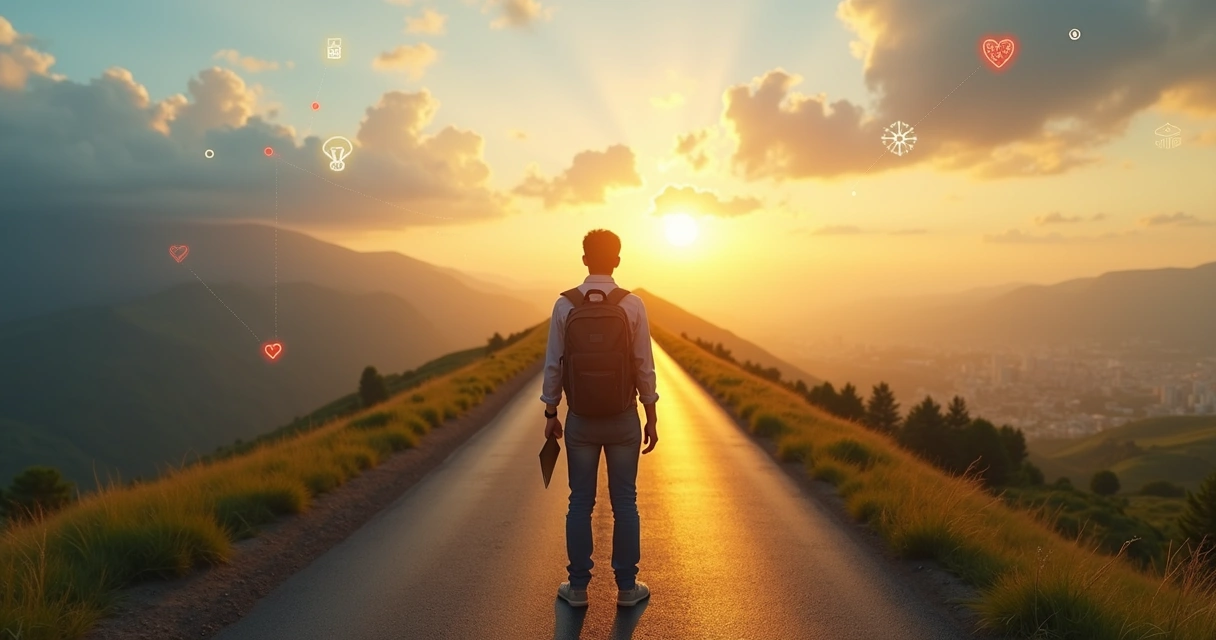 Pessoa em dúvida em encruzilhada olhando para diferentes caminhos iluminados 