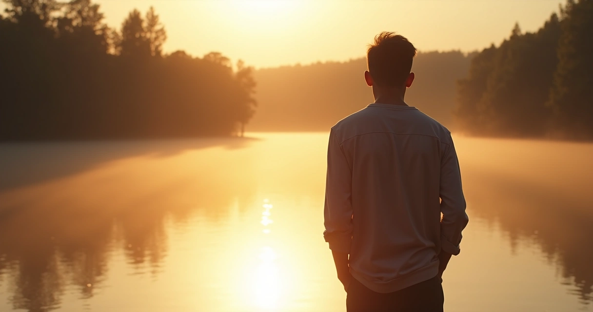 Pessoa olhando para o horizonte em momento de reflexão ao nascer do sol 