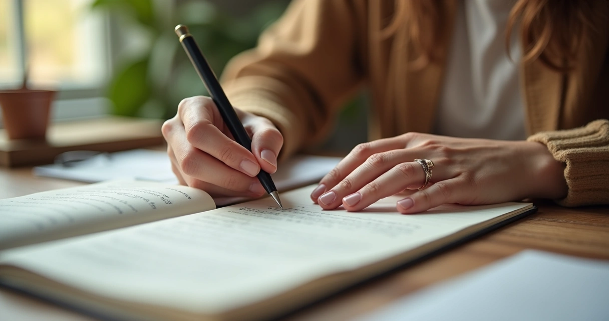 Pessoa concentrada escrevendo em um caderno durante um momento de reflexão.
