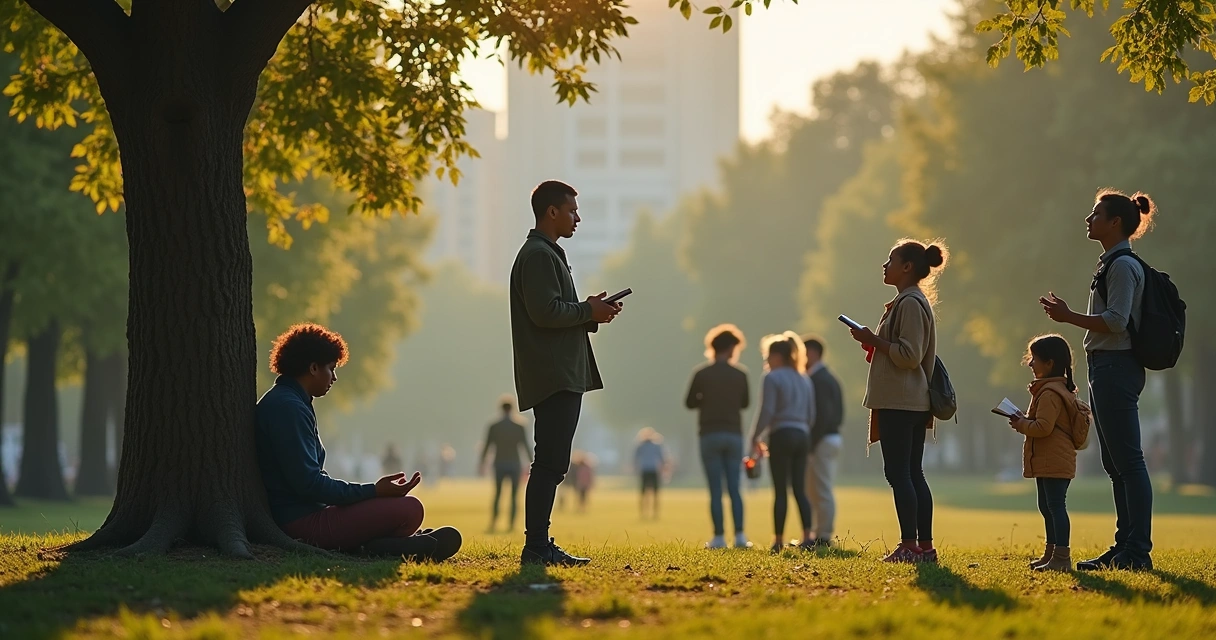 Pessoas de diferentes idades em um parque, cada uma envolvida em uma atividade diferente, aparentando reflexão