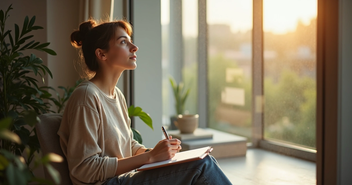 Pessoa refletindo diante de janela com bloco de anotações em mãos 