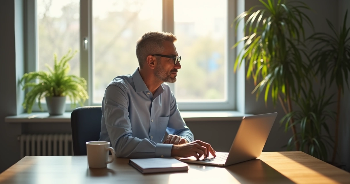 Homem olhando pela janela de um escritório, refletindo durante o trabalho 