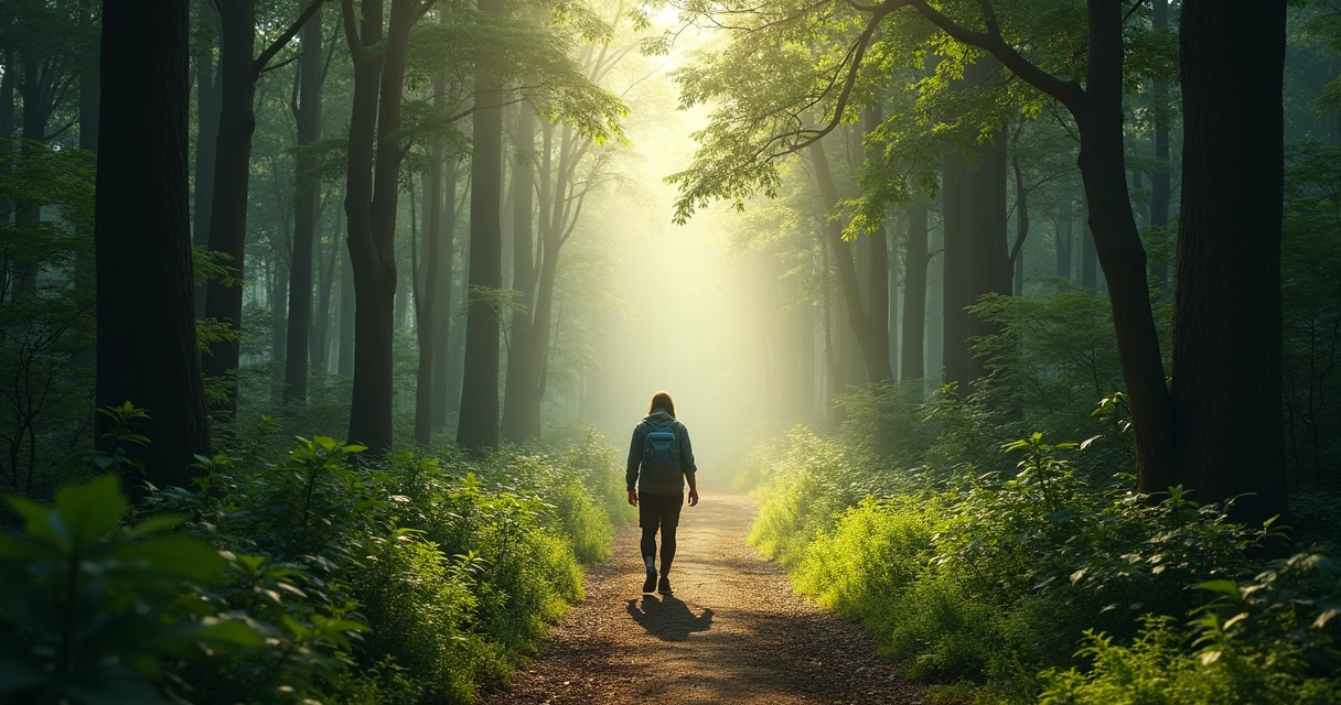 Pessoa caminhando por trilha em floresta, com luz suave atravessando árvores, simbolizando busca por propósito